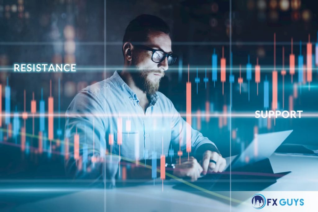 trader looking at support and resistance on candle chart