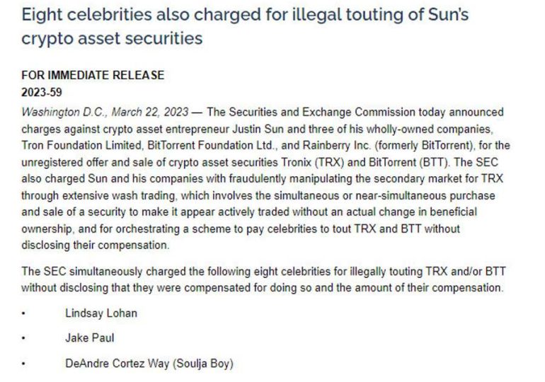 Justin Sun and eight celebrities charged for TRON